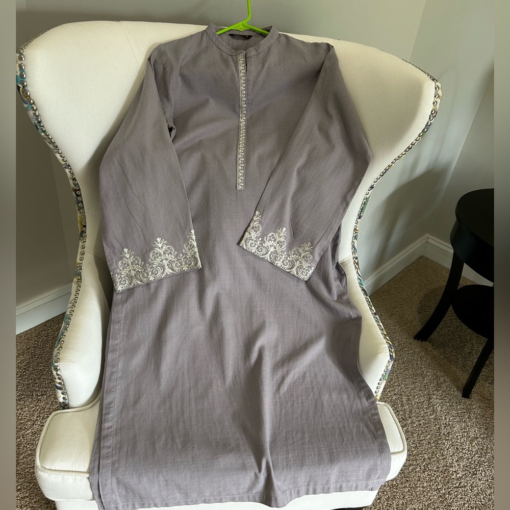 Gray Embroidered Long Sleeve Dress